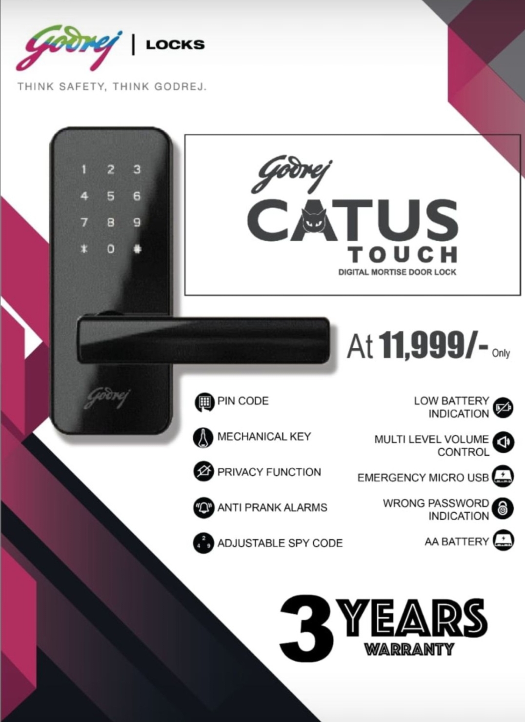 Godrej Digital mortise door lock CATUS Touch 3 years warranty 4199 access by pin code,key,password(1
